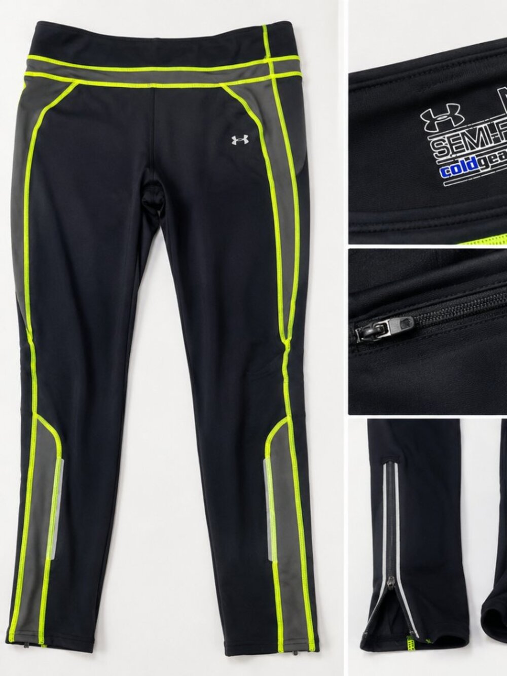Under Armour ColdGear Black Neon Yellow Leggings Size M